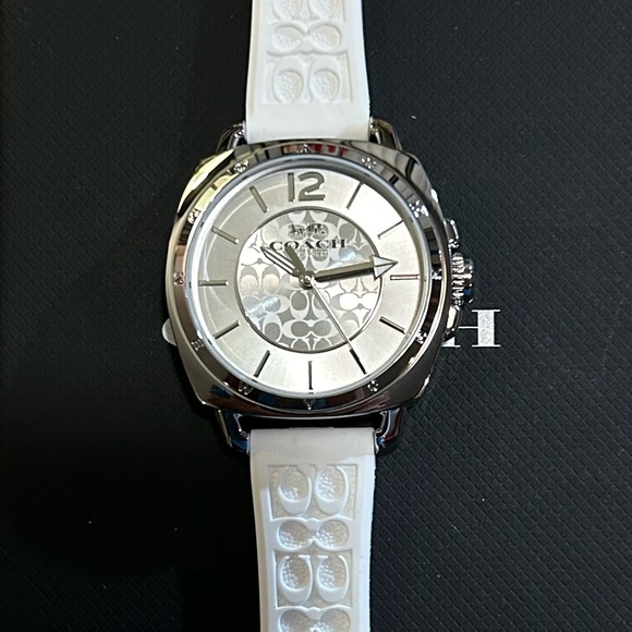 Coach Boyfriend Watch With 34mm Silver Face & White Silicone Band. - Picture 1 of 7